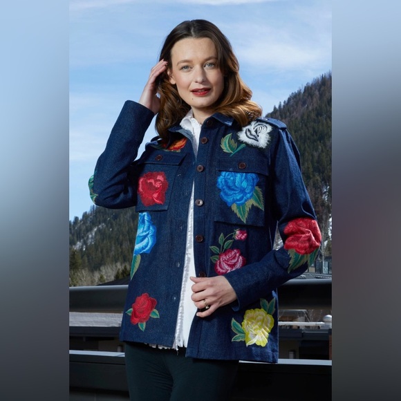 Dizzy-Lizzie/Debra Katz floral-embroidered denim jacket-military inspired-NWT